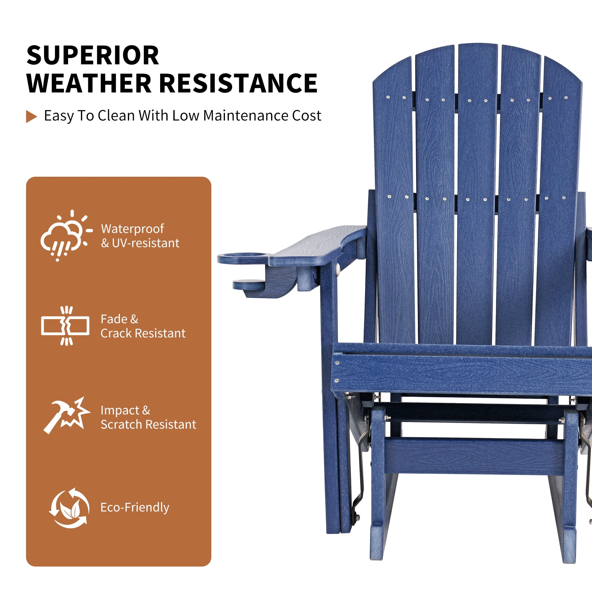 DEAUL HDPE Adirondack Outdoor Glider Chair, 3-Position Adjustable Backrest Patio Glider Rocker, All-Weather Heavy Duty Rocking Chair for Pool, Yard, Blue (1 PC)