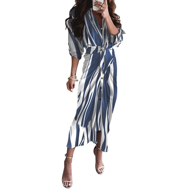 Txlixc Vestido de manga larga femenino, cinturón ajustable, botón de cuello en V estilo sexy ropa de verano Txlixc moda