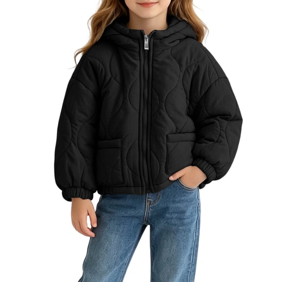 Xdegoge Kids Girls Quilted Jacket Hooded Lightweight Puffer Coat Zip Up Winter Outerwear Fall Windproof Warm Clothes with Pockets, Size 7-8