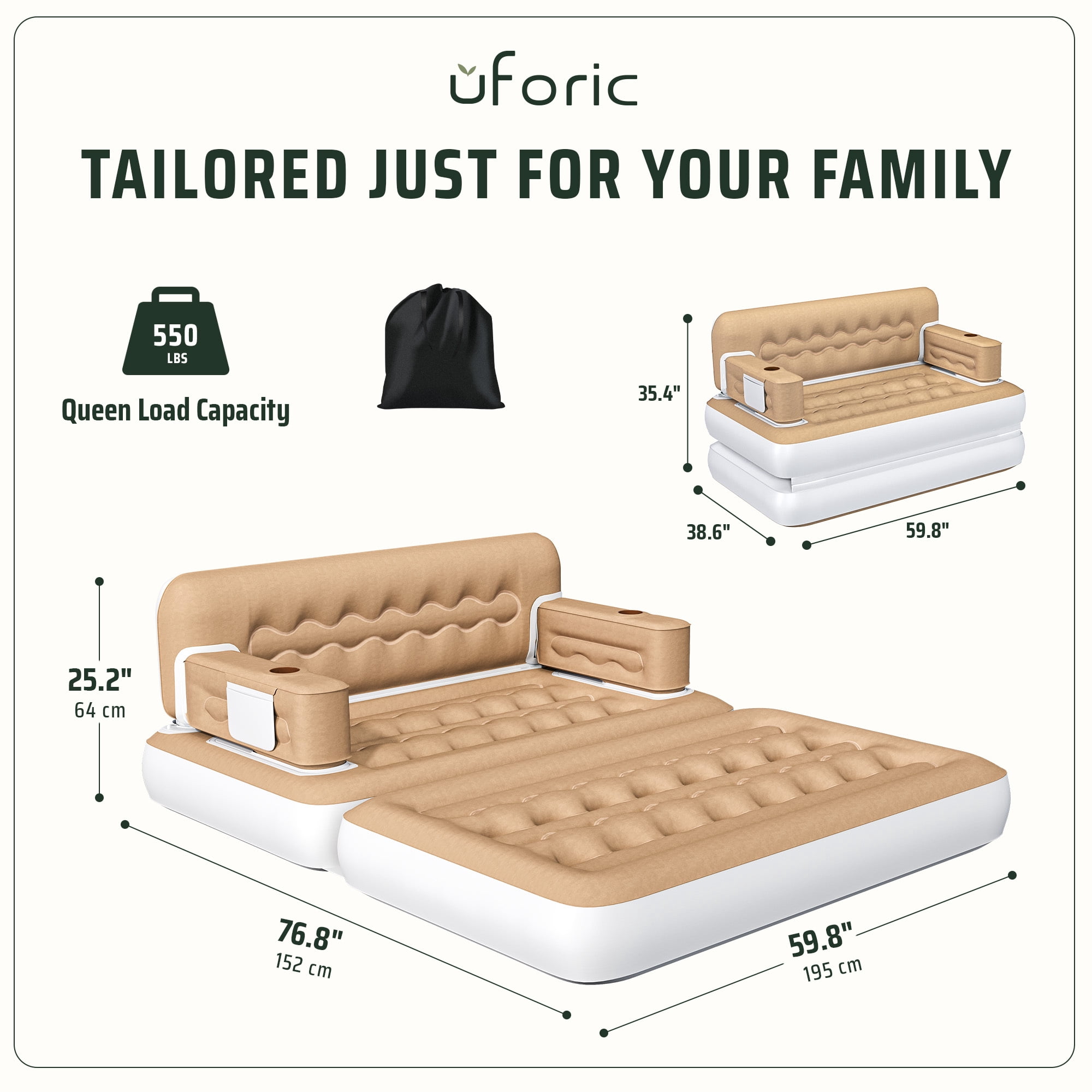Uforic Queen Size 2-in-1 Convertible Inflatable Air Sofa Bed with Wave Headboard, Built Pump, Cup Holders & Storage Pocket for Guest Room Camping, Khaki