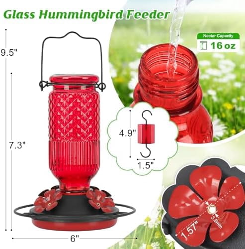 Glass Hummingbird Feeder for Outdoors Hanging, 16 OZ Humming Bird Feeders with 4 Bee Guard Feeding Ports & Built-in Ant Moat, Hummingbird Gifts for Mom Bird Feeder for Outside, Red,2 Pack