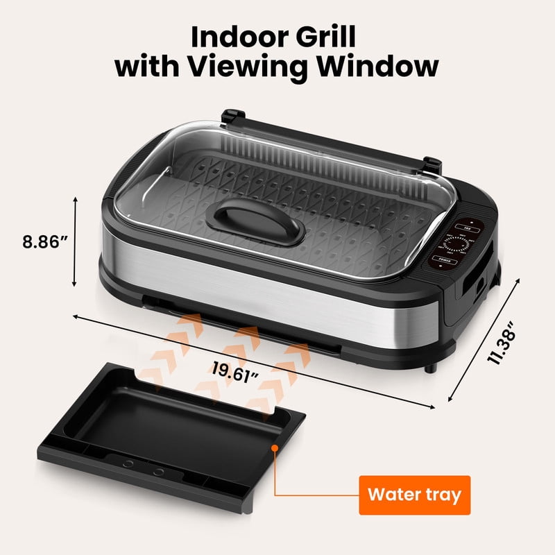 FREE VILLAGE Smokeless Indoor Grill,1500W Electric BBQ Grill with Smoke Extractor and Tempered Glass Lid,Removable Grill and Nonstick Grill Plates with Drip Tray,Temperature Control,Dishwasher Safe