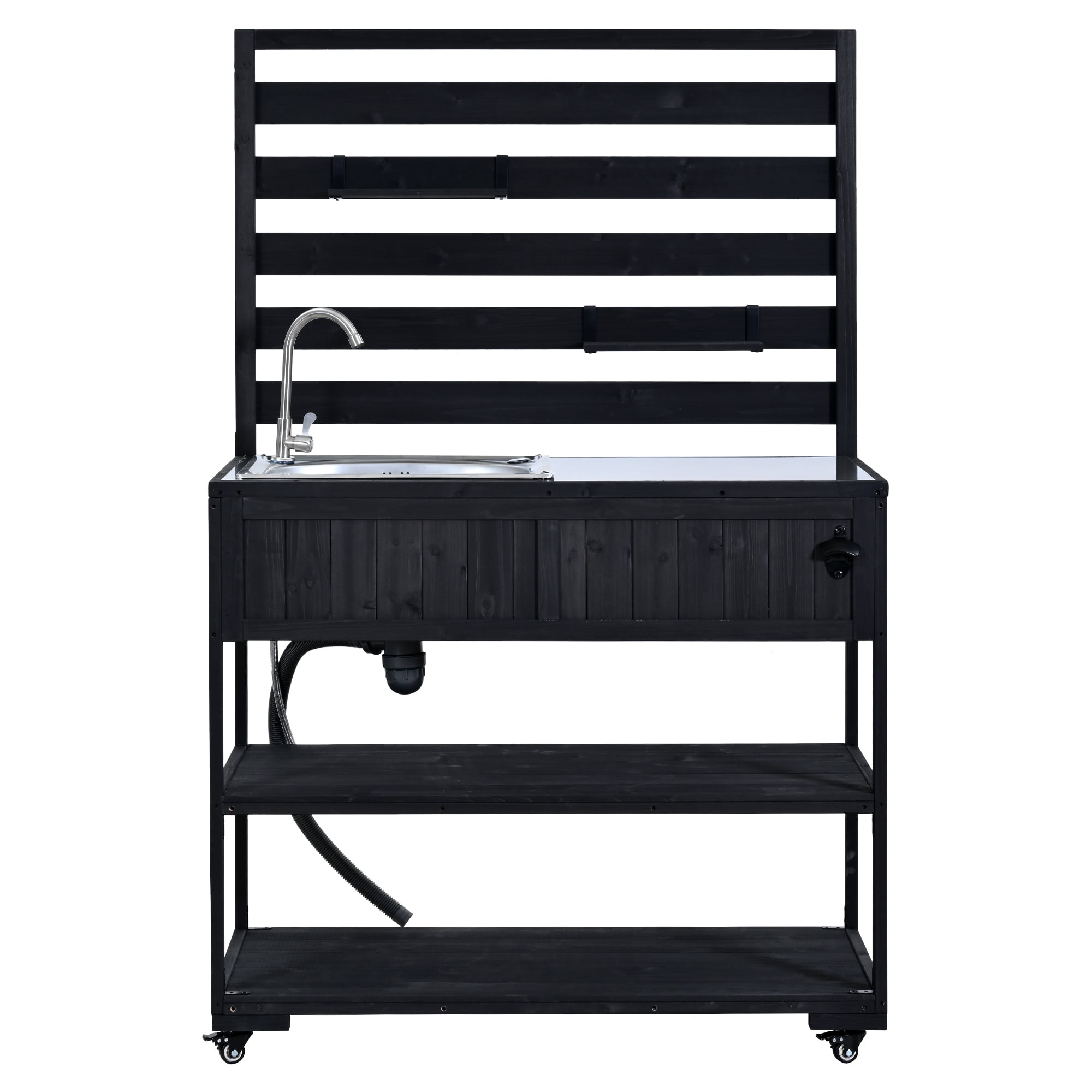 Mintazer Outdoor 41.7" Rolling Kitchen Island with Sink & Faucet, Garden Potting Bench with Stainless Table Top & 2 Movable Shelves and Bottle Opener, Black