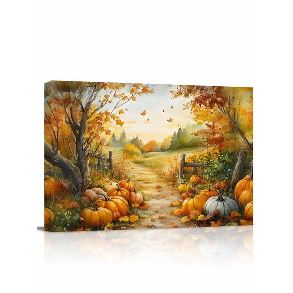Fall Thanksgiving Canvas Print Wall Art Farm Pumpkin Framed Canvas Art Wall Decor Autumn Harvest Landscape Pictures Painting Morden Artwork for Living Room Bedroom, Ready to Hang - 12"x16"