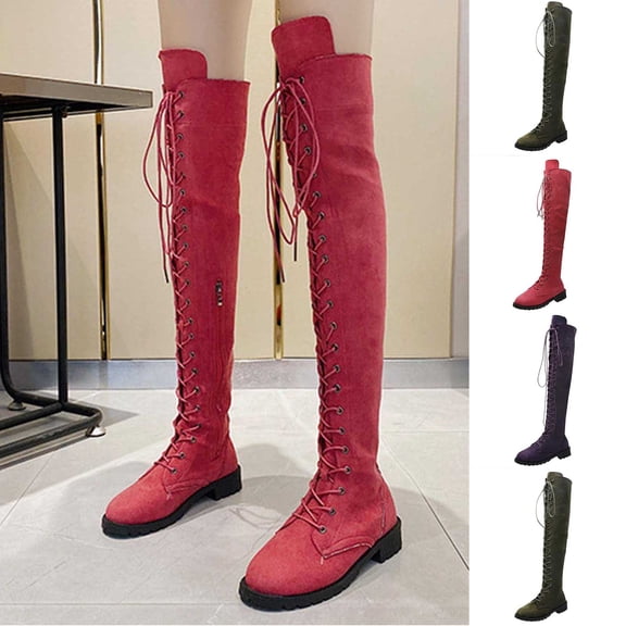 Women's Plus Size Knee High Boots Round Toe Lace up Low Heel Comfortable Casual Fashion Tall Boots for Women Purple 9.5(43)