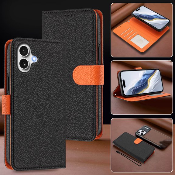 For iPhone 17 Phone Case,2-in-1 Magnetic Detachable PU Leather Flip Cover,Support Mag-Safe,With Card Slots,Strap,Flip Foldable Kickstand,Shockproof Non-Slip Two-Color Phone Case,Black