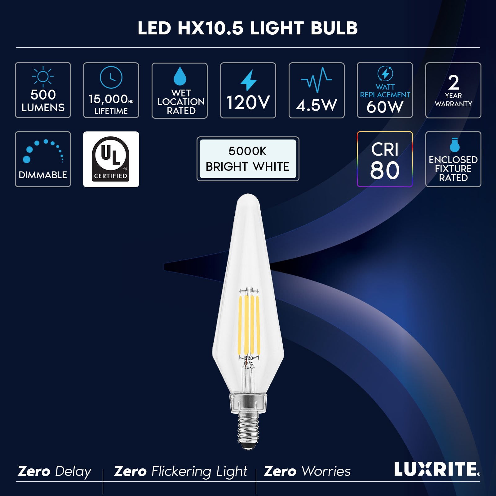 Luxrite E12 Candelabra LED Light Bulbs, 5000K, Dimmable, 4.5W, 500 Lumens, HX10.5 Glass, Wet Rated, UL Listed 16 Pack