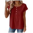 thumbnail image 2 of Wowcloth Womens Summer Linen-like Short Sleeve Blouse with Round Neck, Half Button Design and Pleated Detail, Solid Color Casual Top for Daily Wear and Office, 2 of 7