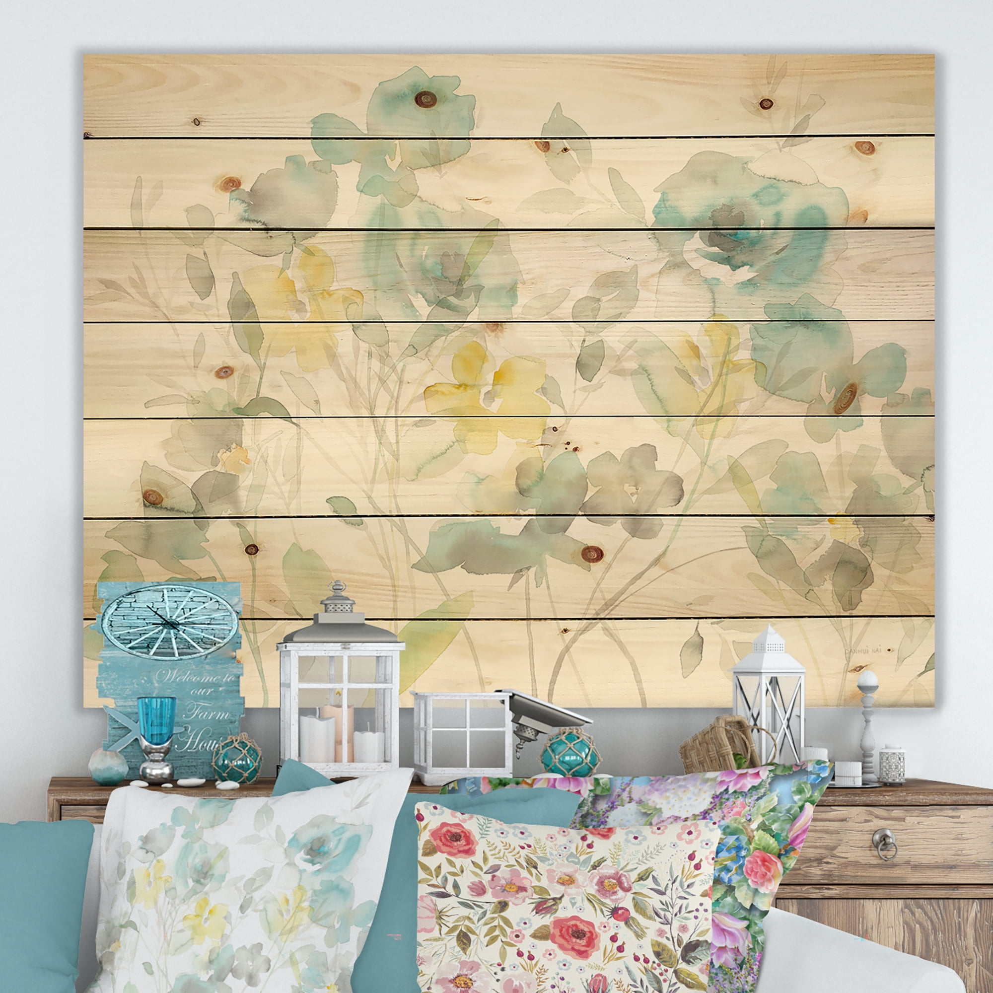 Designart 'Abstract Aqua Rose Natural Element' Farmhouse Print on Natural Pine Wood