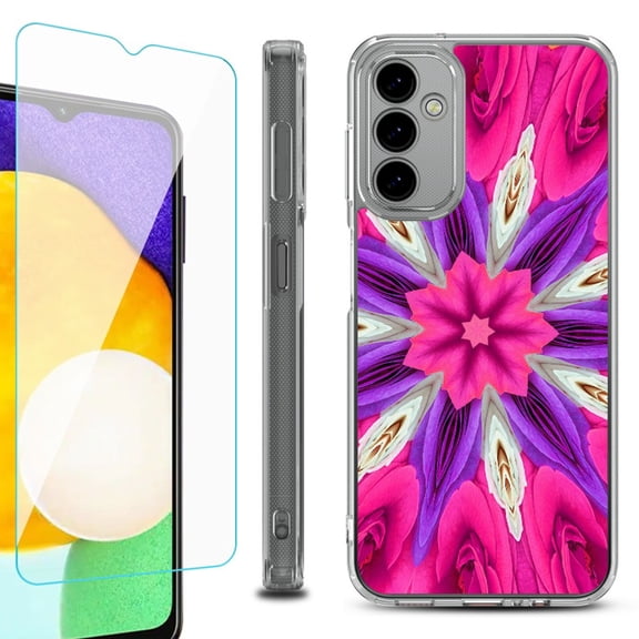 Shockproof Bumper Phone Case for Samsung Galaxy A14 5G, with Tempered Glass Screen Protector, by OneToughShield ® - Kaleidoscope Rose