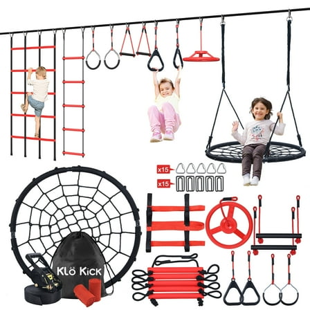 KloKick 50ft Ninja Warrior Obstacle Course for Kids - Outdoor Backyard Adventure Set with Swing, 10 Accessories, Weather-Proof Design, and Slackline for Jungle Gym Fun