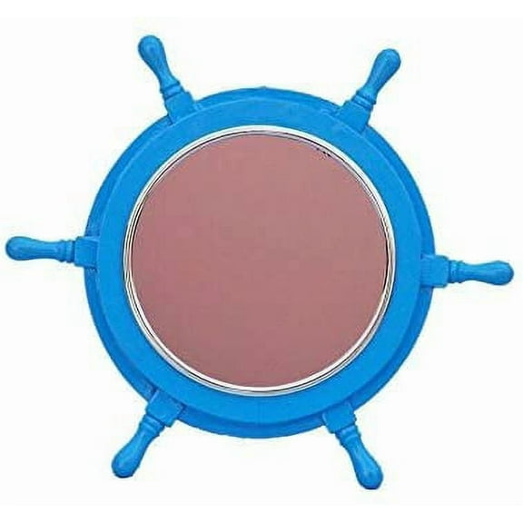 Nagina International Deluxe Class Light Blue Wood and Chrome Ship Wheel Mirror 16" - Wood Ship Wheel