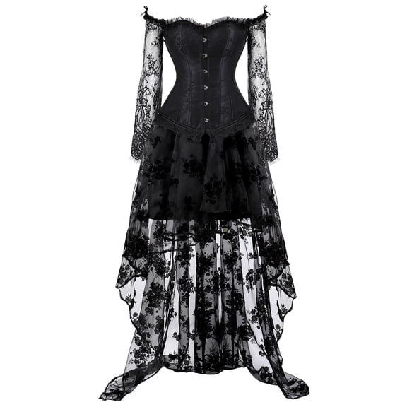 Grebrafan Gothic Off Shoulder Lace Sleeves Corset Bustier with Prom Skirt 7XL Black