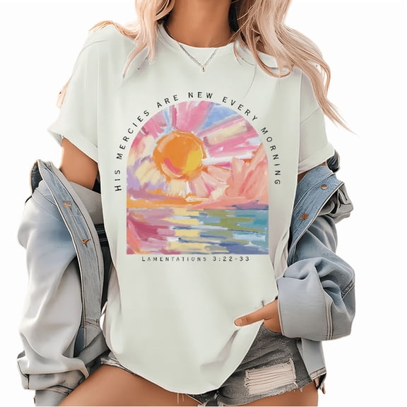Charming "His Mercies Are New Every Morning" Religious - Inspired Graphic Tees Witty Print T - shirts With Sunrise, Sea And Biblical Text Design Comfy Short Sleeve Casual Daily Shirts