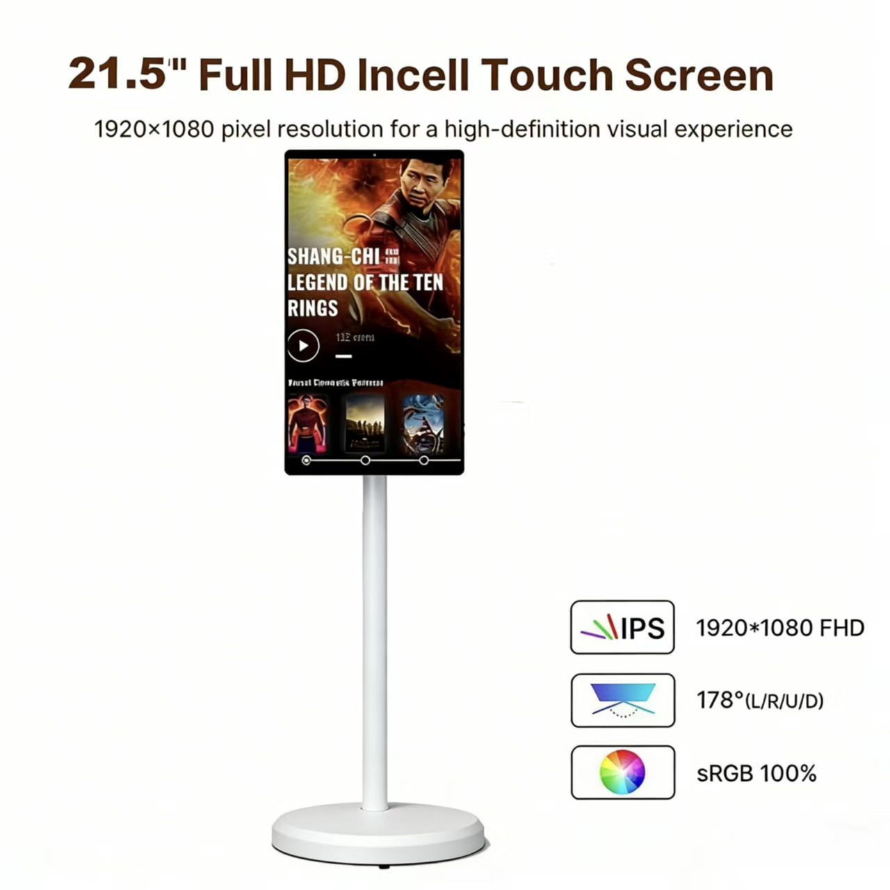 21.5" Portable Touchscreen Smart TV, FHD 1080p, Android, 4+64GB, Built-in 6000mAh Battery, For Indoor/Outdoor Use, Rotating Screen