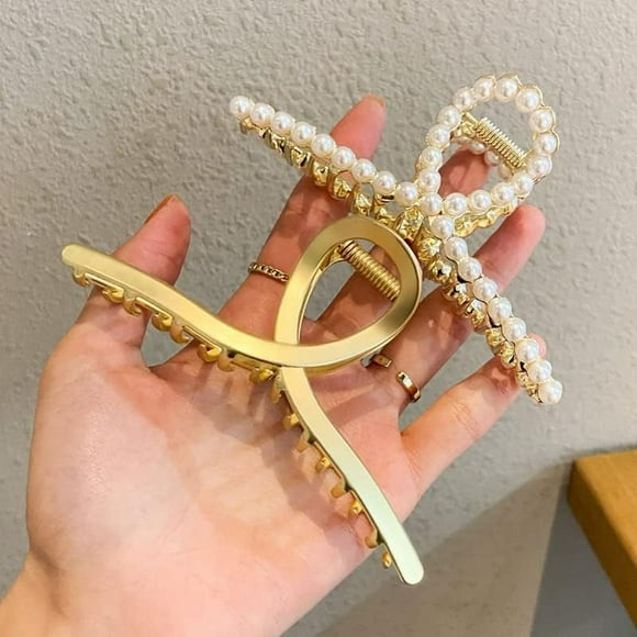 2 piezas de garra de pelo de metal grande de oro mate con perlas para mujer con perlas, pinzas para el cabello antideslizantes, pinzas de garra de oro roscadas para cabello grueso, garras de cangrejo