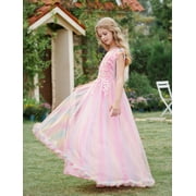 IBTOM CASTLE Flower Little Big Girls Maxi Dress Bridesmaid Wedding Pageant Party Princess Communion Floral Boho Vintage Lace Dance Gown 11-12 Years Rainbow Pink