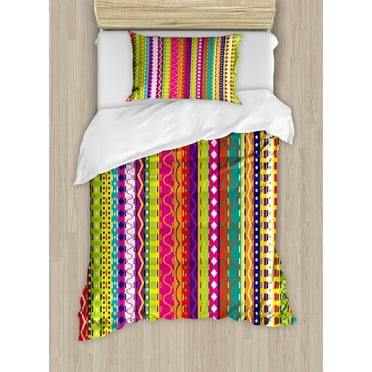 Striped Duvet Cover Set Twin Size, Vertical Lines Bound Striped Mix Shapes with Ethnic Influences Vintage Vivid Graphic, Decorative 2 Piece Bedding Set with 1 Pillow Sham, Multi, by Ambesonne