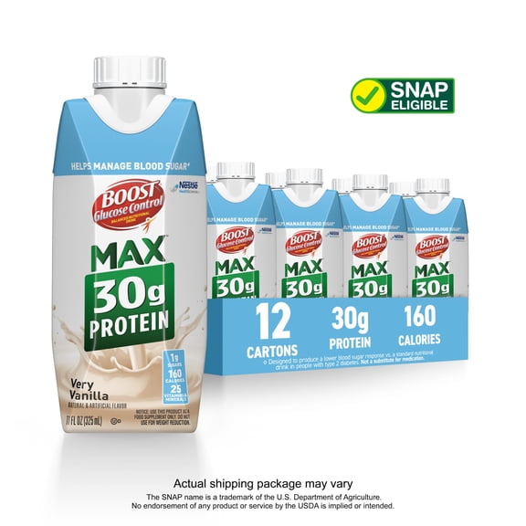 BOOST Glucose Control Max 30g Protein Ready to Drink Nutritional Drink, Very Vanilla, 12 Count (3 - 4 Packs)
