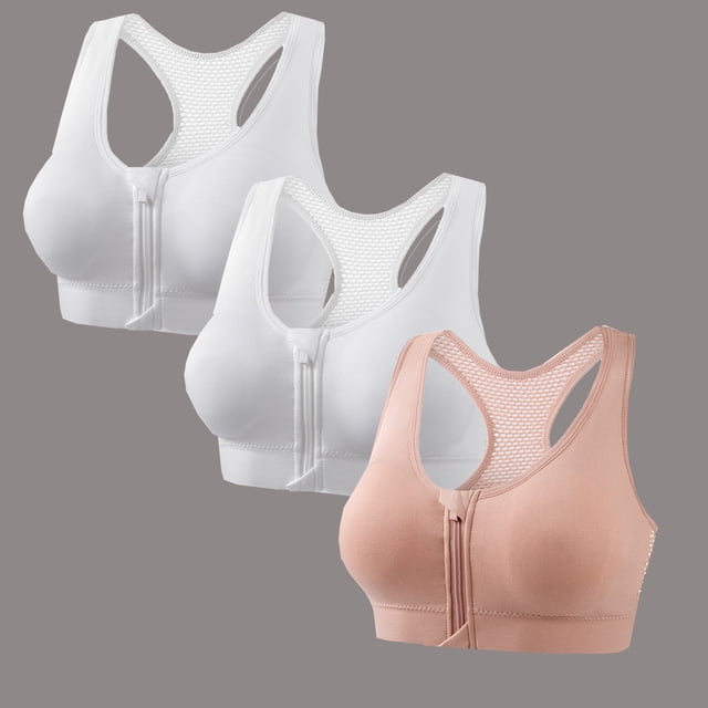 huilin 3Pack Women's Wireless Zip Front Cross Back Push Up Sports Bra - Solid Color