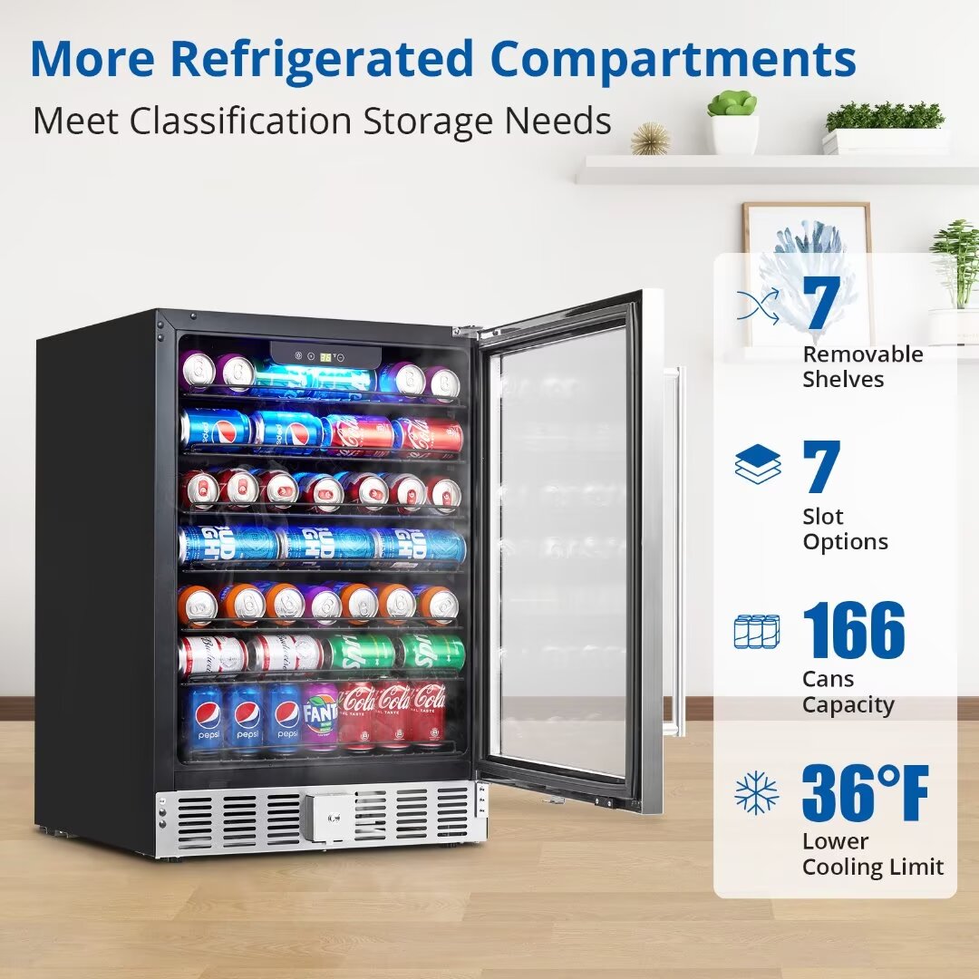 Beverage Refrigerator 24 Inch, Beverage Cooler 166 Cans Built-in Design, Under Counter Beer Fridge with Glass Door for Soda, Wine, Water