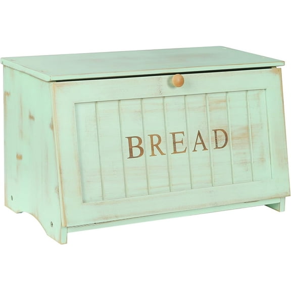 Large Wood Bread Box for Kitchen Counter, Retro Design Single Layer Bamboo Large Capacity Food Storage Bin (Mint Green)