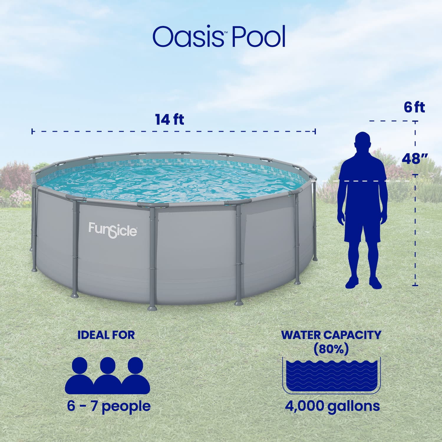 Funsicle Oasis Above Ground Metal Frame Swimming Pool Set – with FB1800S AutoSkimmer Pump, Ladder, Cover, Cloth & Deluxe Maint. Kit, 16' x 48", Round, Gray