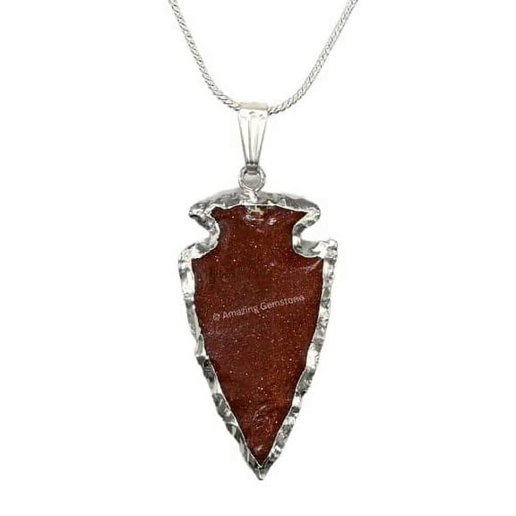 Red Goldstone Arrowhead Necklace for Men Women (Silver Edged)