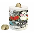 thumbnail image 1 of Indie Piggy Bank, Animal and Food Themed Composition Crazy Doodle Panda Bird Cat Watermelon, Ceramic Coin Bank Money Box for Cash Saving, 3.6" X 3.2", Multicolor, by Ambesonne, 1 of 4