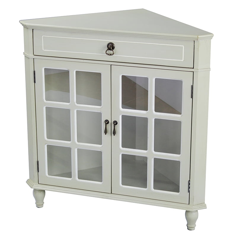 Beige Wood Clear Glass Corner with a Drawer, 2 Doors and Paned