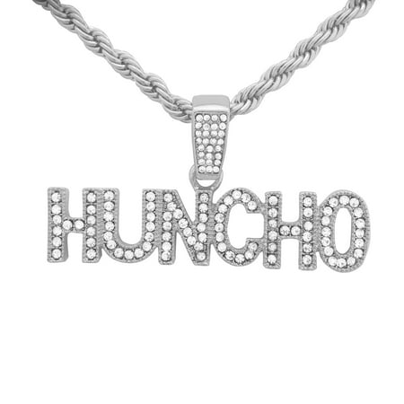 - 14K White Gold Plated Hip Hop Bling Iced Out Quavo Huncho Letter Pendant with 24