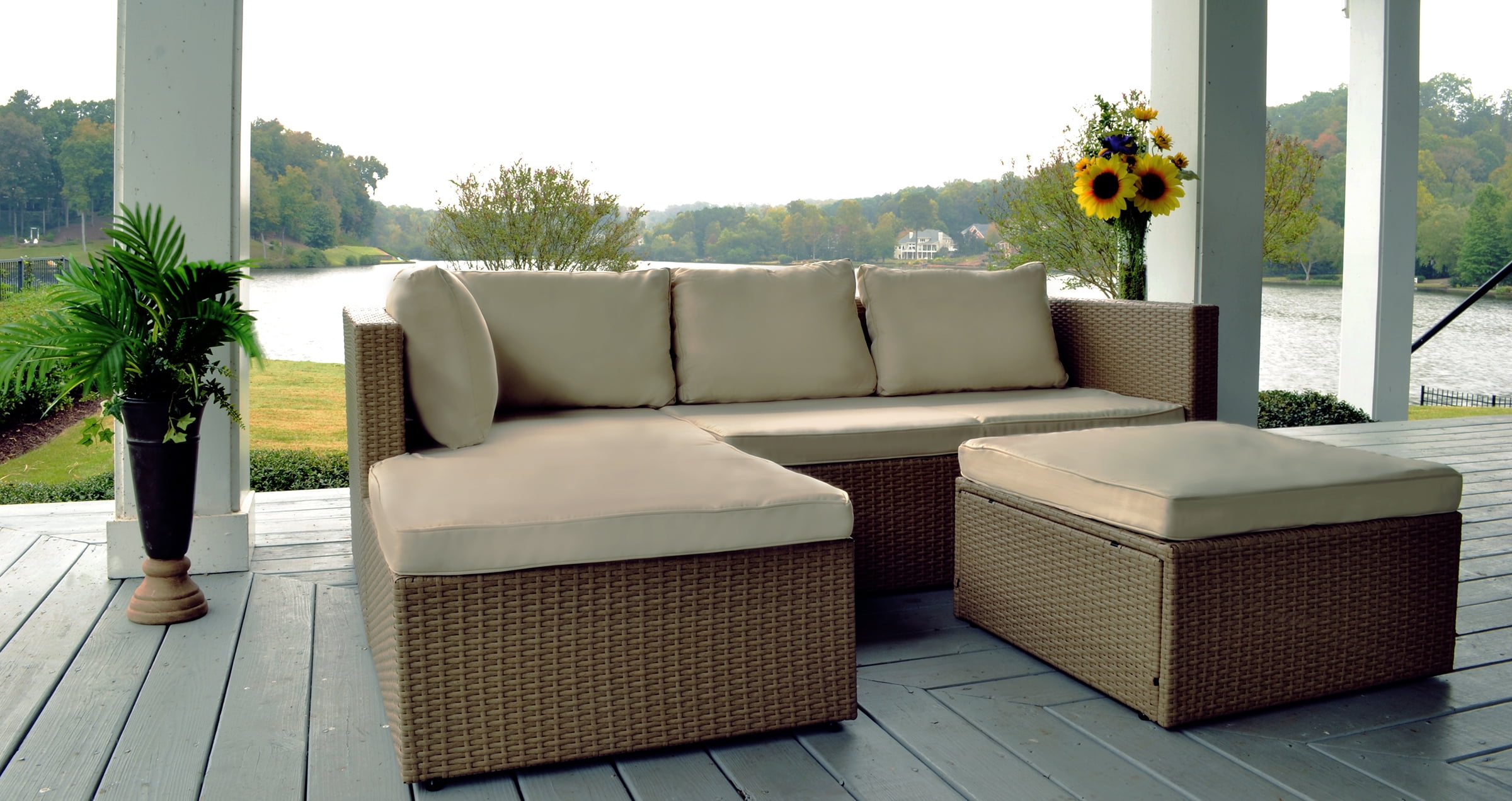 Katonah Outdoor Sectional Set with Vanilla Latte Colored Fabric and Sandstone Wicker