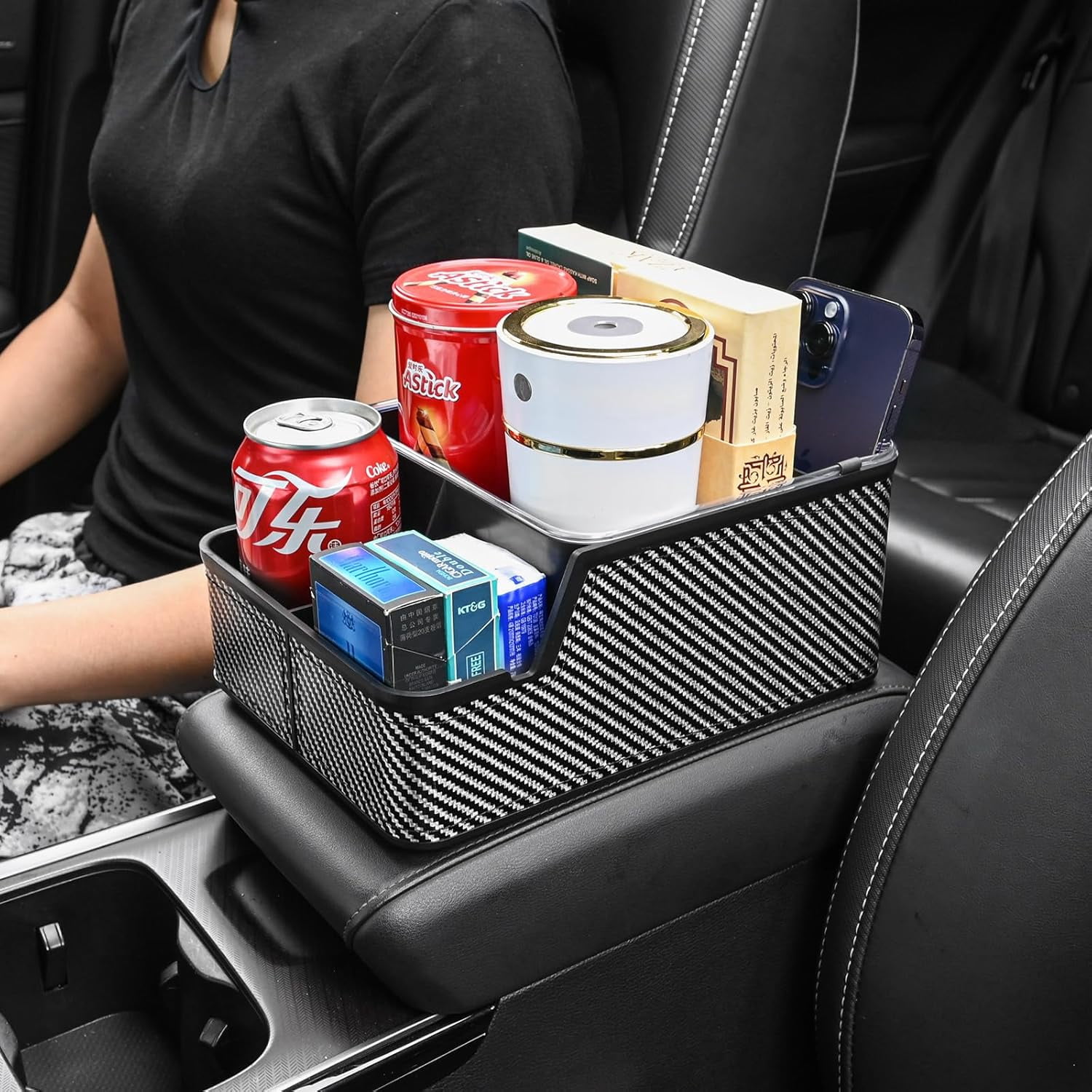 Car Seat Organizer with Compartment,Car Armrest Extra Storage Box Truck Floor Hump Organizer, Front Organizer,Center Console Cup Holder Tray fit for SUVS Pickup (Black)