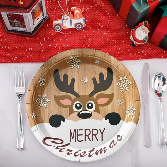 Linnome 10pc Christmas Round Paper Plates Santa Claus Disposable Decorative Tableware For Holiday Birthday Kitchen Table Decorations