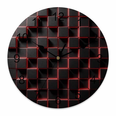 Wall Clock Red Black Cubes Clocks PVC Silent Non-Ticking Battery Operated Decorative Modern Artificial Round Clock for Home Living Room Kitchen Bedroom Office School Wall Decor 10 Inch