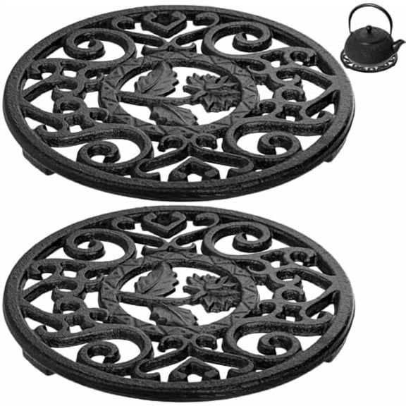 2 Pack Cast Iron Trivet with Pegs, 4.6 Inch Round Metal Trivet with Vintage Patterns Rustproof Hot Pot Holder Pads for Serving Hot Dishes, Pans, Pots, Tea Pots, for Kitchen Counter Top, Black
