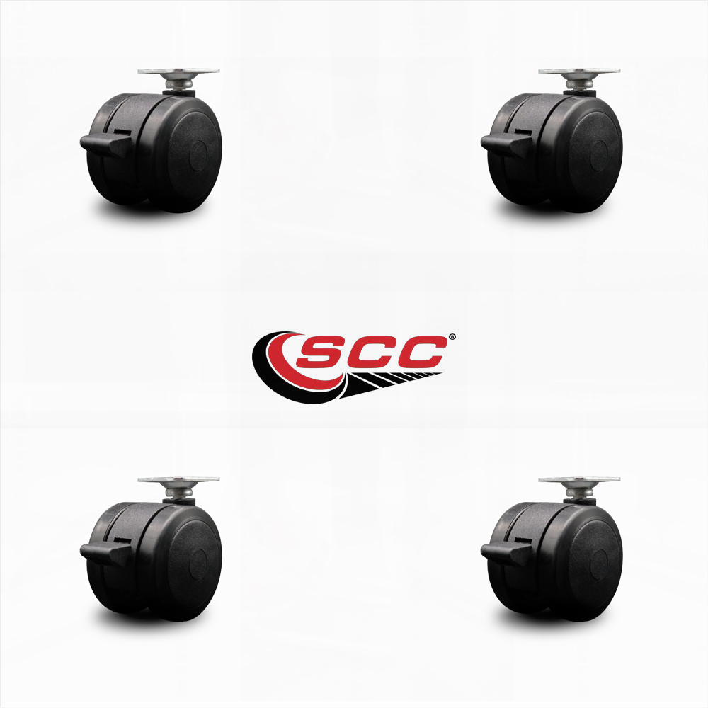 2 Inch Black Floor Safe Twin Wheel Casters with Brakes Top Plate Set of 4 SCC