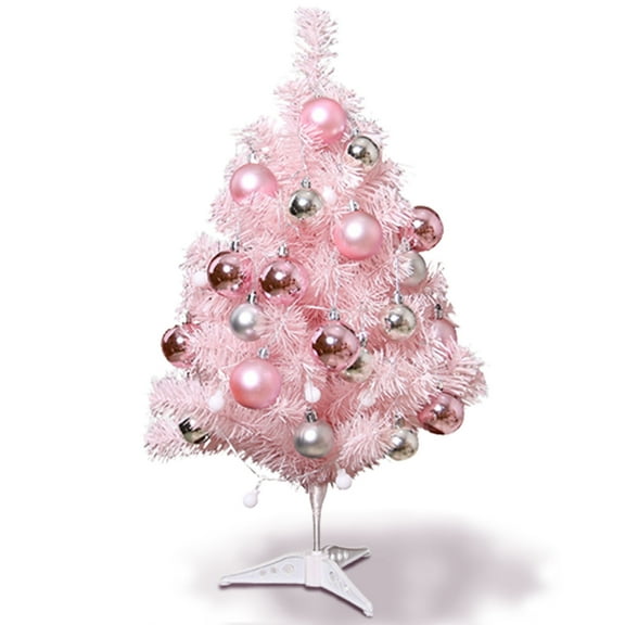 Sulgyt Christmas Tree Little,Tabletop Christmas Tree with Balls, Small Pink Christmas Tree Little Pink Christmas Tree with Led Lights and Plastic Stand, Simulation Tabletop Xmas Tree