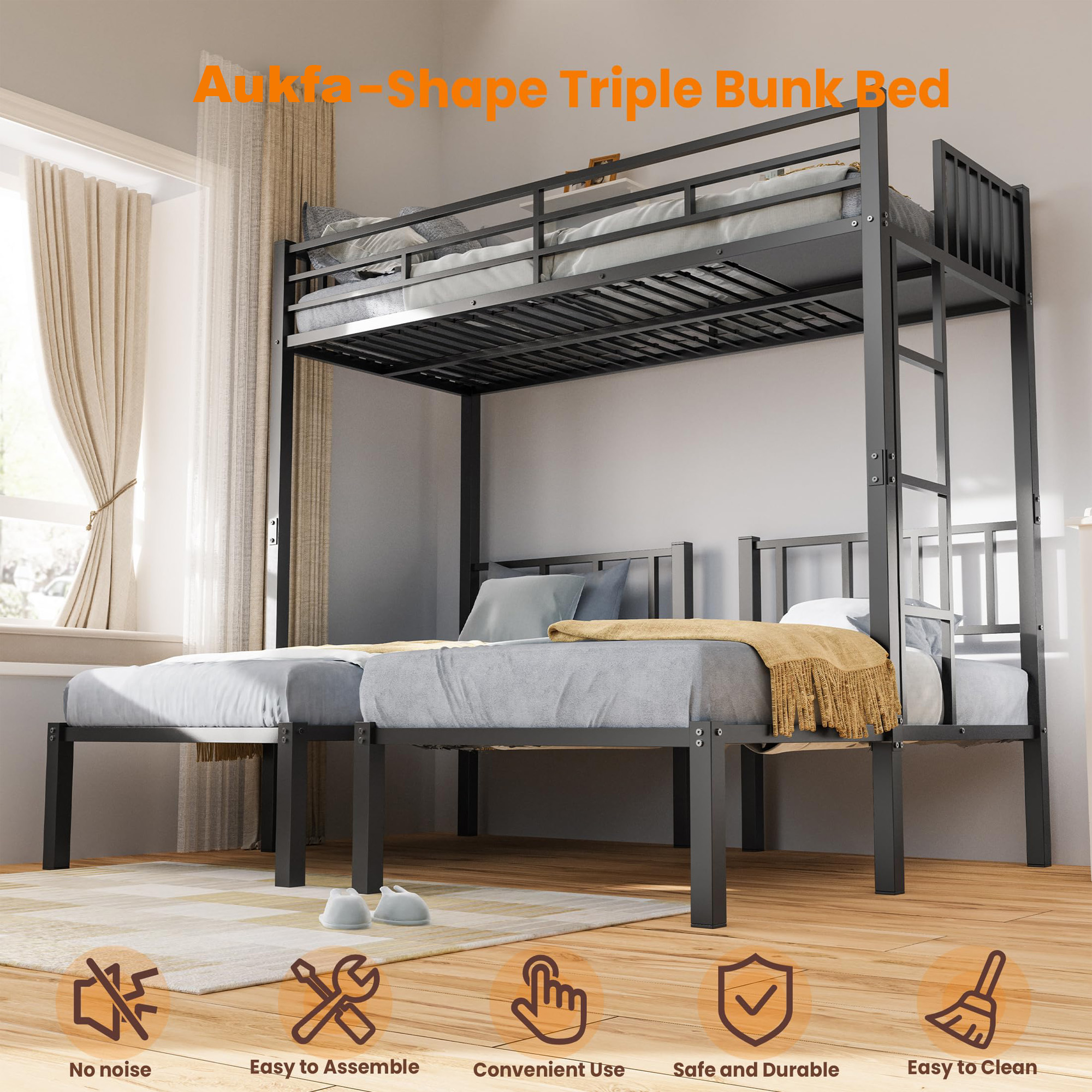 Aukfa Metal Triple Bunk Bed, Convertible to 3 Twin Bed for Kids Teens, Twin over Twin & Twin, Black