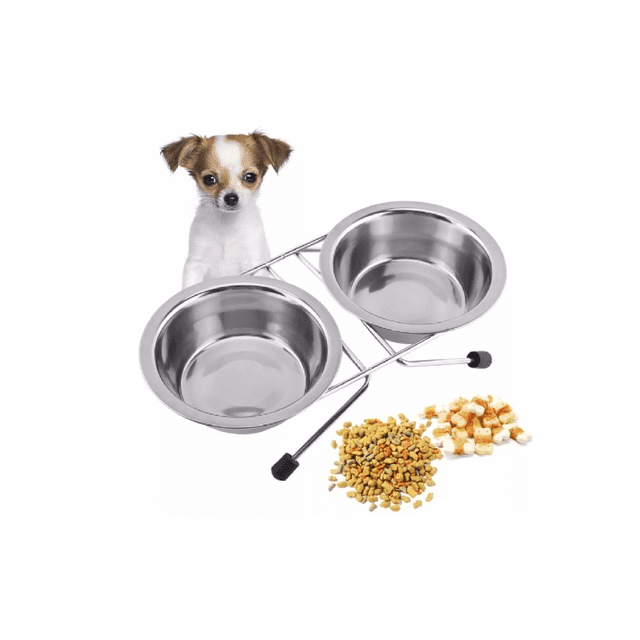 Comedero Doble 2 Platos Con Base De Acero Inoxidable 16 Oz plata