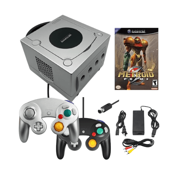 Nintendo GameCube Game Console Refurbished Bundle with 2 Retrofam Controllers (Silver & Black) & Metroid Prime Game