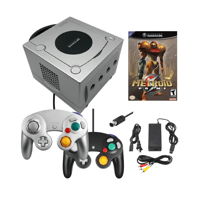 Nintendo GameCube Game Console Refurbished Bundle with 2 Retrofam Controllers (Silver & Black) & Metroid Prime Game