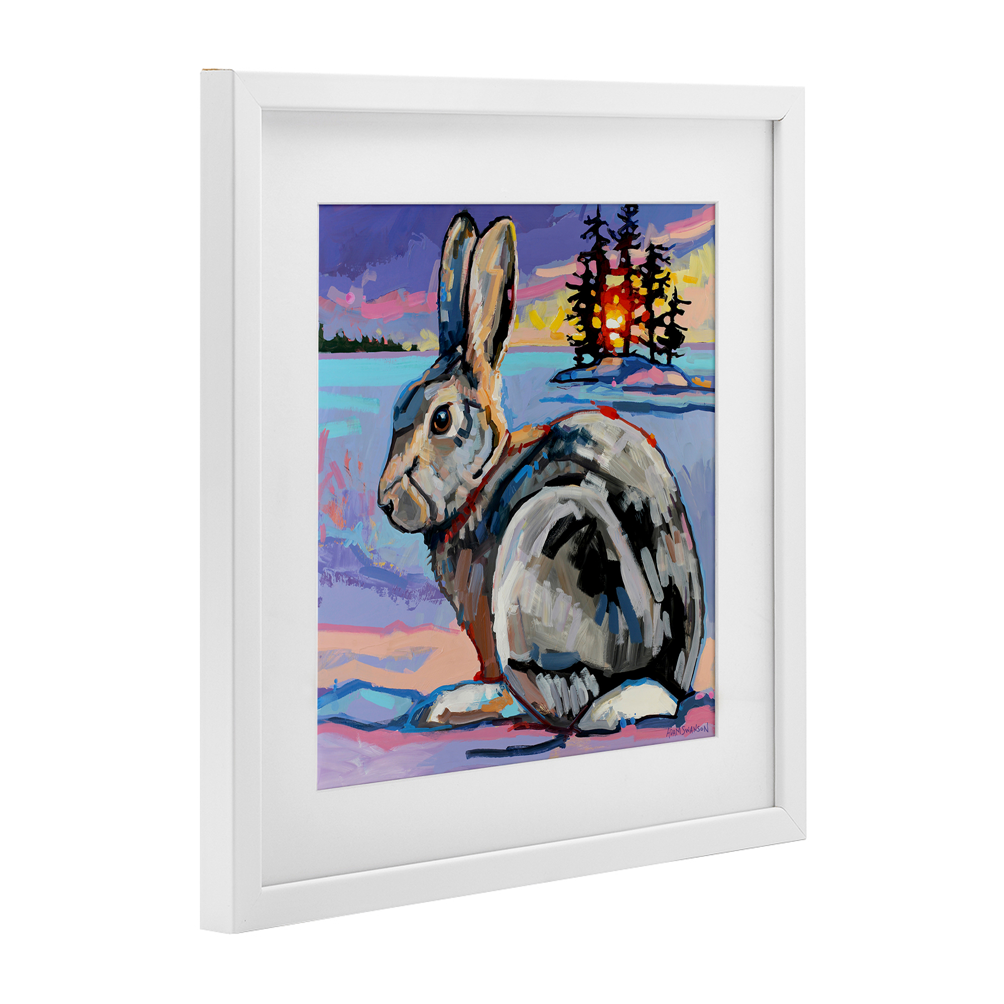 Runaway Goliath Rabbit White Framed Print Under Glass, design by Adam Swanson