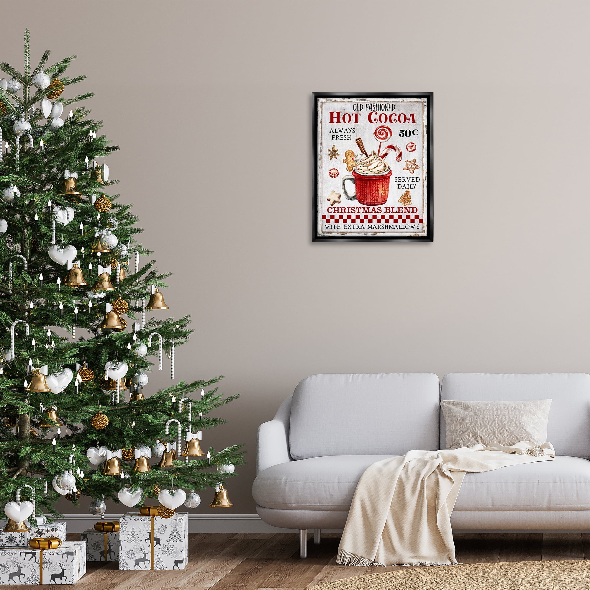 Stupell Industries Vintage Hot Cocoa Holiday Painting Black Floater Framed Canvas Art Prints Wall Art, 25 x 31