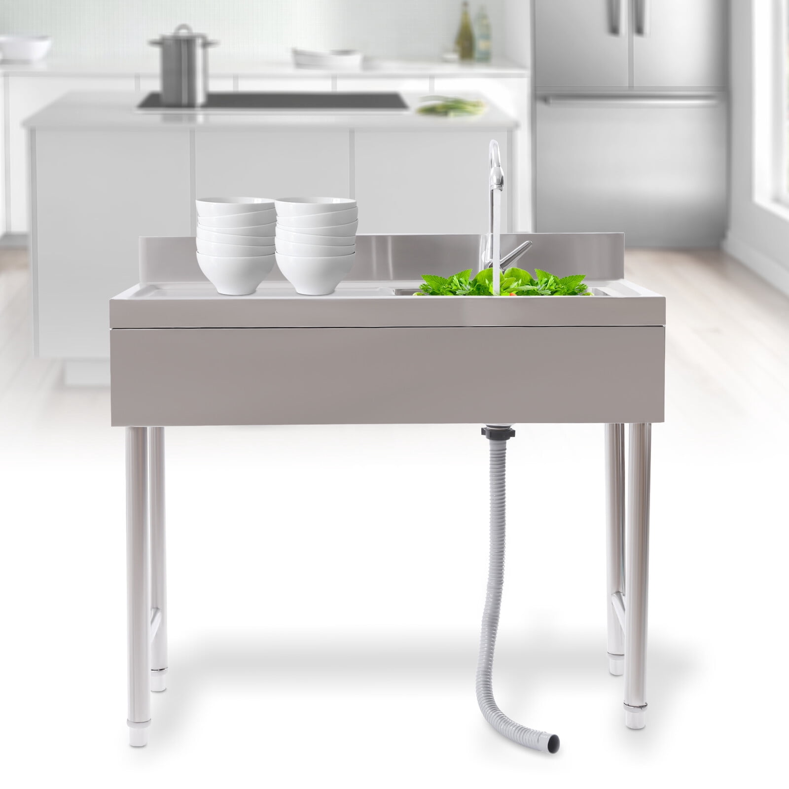 SENDERPICK Freestanding Silver Commercial Sink Stainless Steel Kitchen Utility Sink 1 Compartment & Prep Table