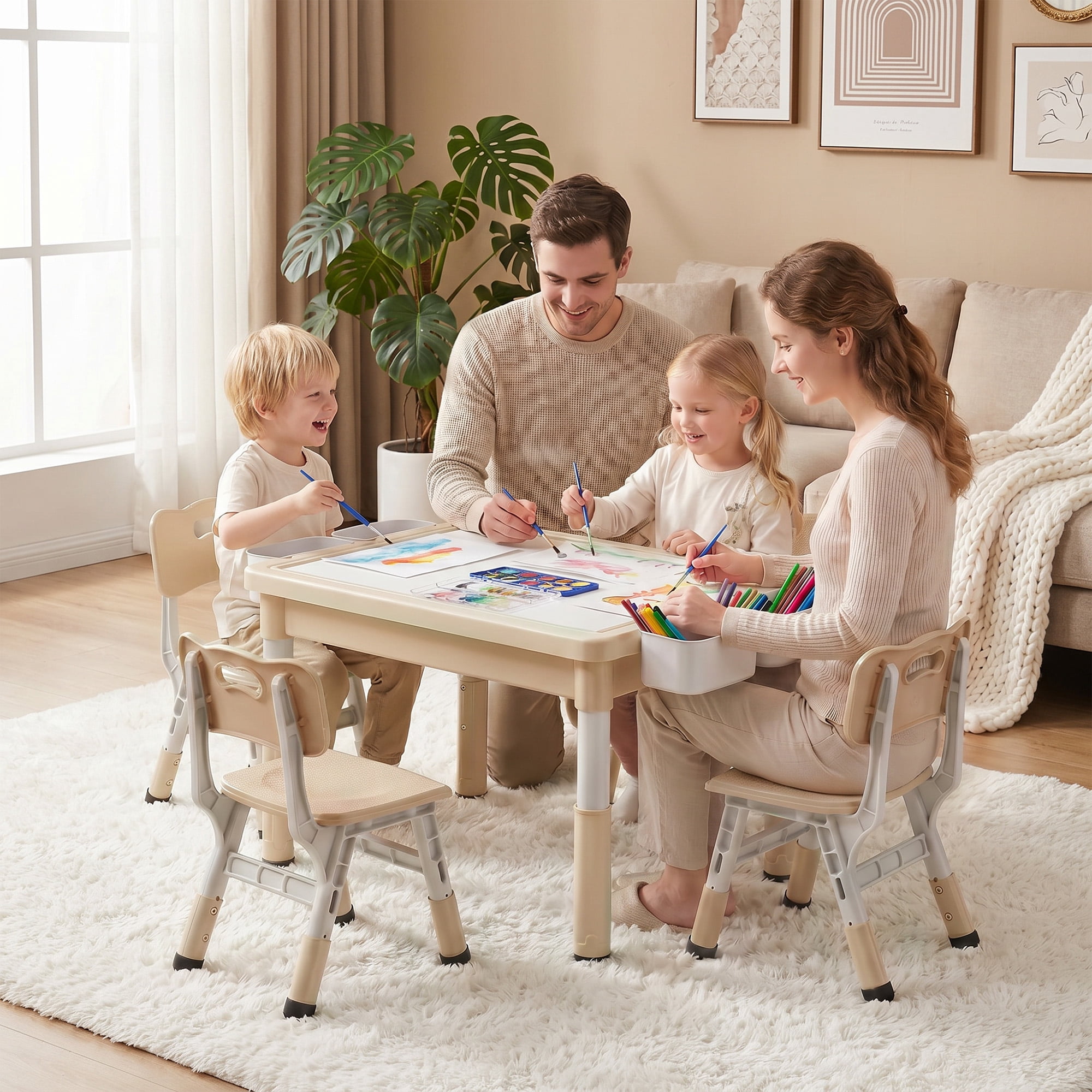 LINLUX Kids Table and Chair Set, 3 in 1 Activity Table for Children w/ Removable Tabletop, Khaki
