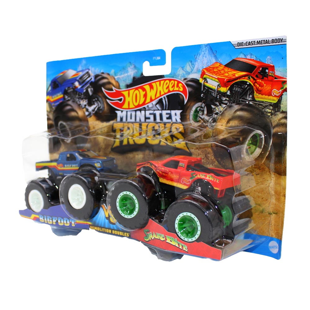 Hot Wheels Monster Trucks 1:64 Scale Demolition Doubles, Bigfoot vs Snake Bite