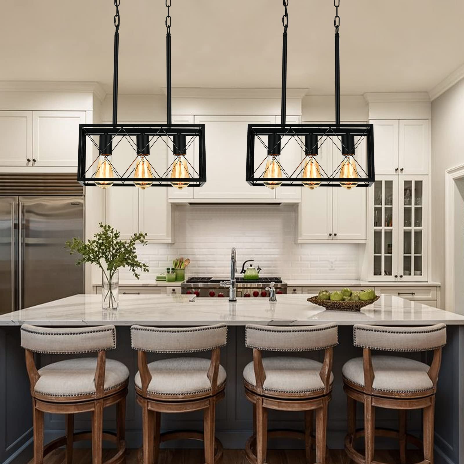KEESFU 3-Light Black Farmhouse Kitchen Island Pendant Lighting, Industrial Open Cage Ceiling Fixture with Adjustable Chain for Dining Table, Foyer & Living Room