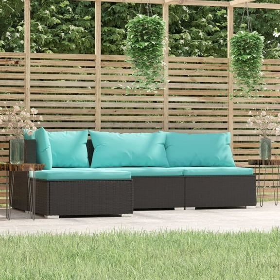 vidaXL 4 Piece Patio Lounge Set with Cushions Black Poly Rattan
