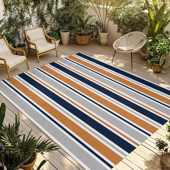 Orange Grey Striped Outdoor Rug 5x8 Ft - Reversible Patio Rug Outdoor Camping Rugs, Farmhouse Stripes Modern Abstract Art Indoor Outdoor Area Rugs, Non-Slip Outdoor Carpet Runner for Deck/Porch